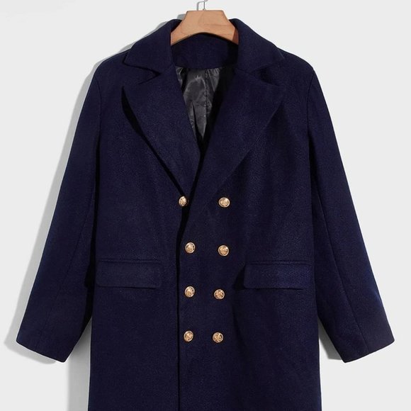 Casual Navy Blue Double Breasted Men's Overcoat - Picture 2 of 7